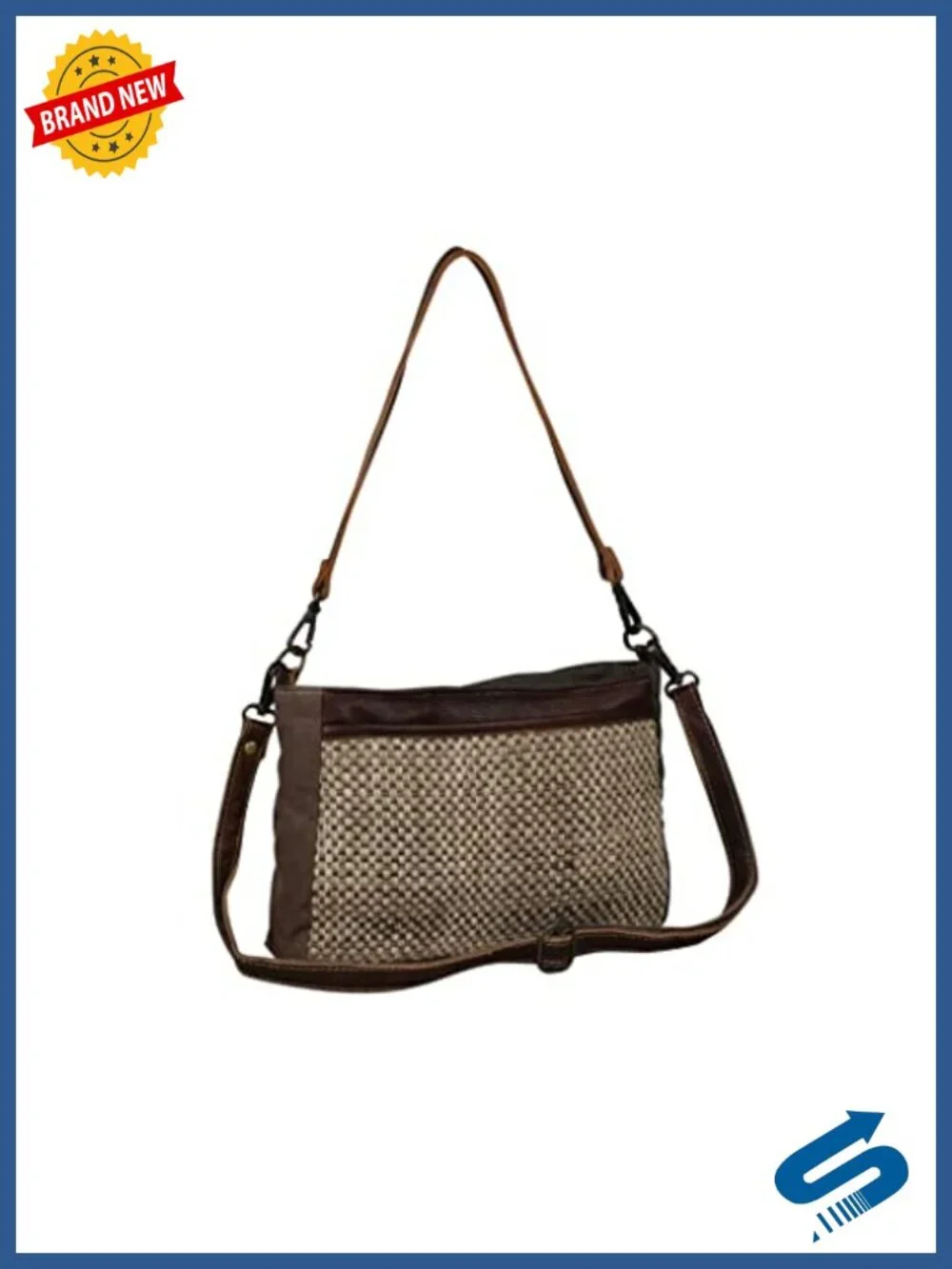 Upcycled Canvas & Leather Crossbody Bag with Zip Closure